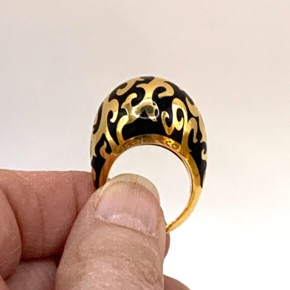 Black Enamel Gold Tone REBECCA Chunky Dome Swirl Pattern Ring Size 6.75 J728 - Picture 8 of 12